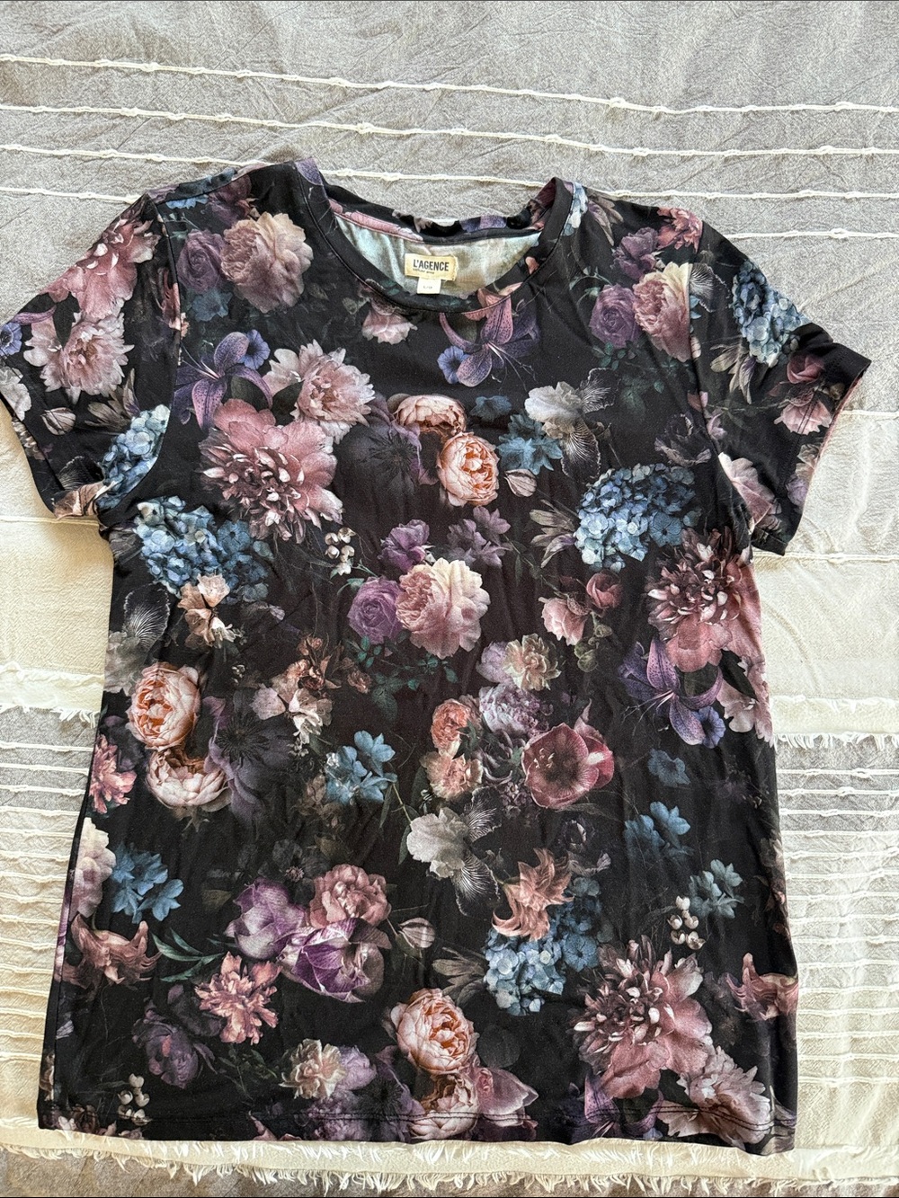 L’AGENCE Floral Short-Sleeve Tee in Black with Pink & Blue Blooms